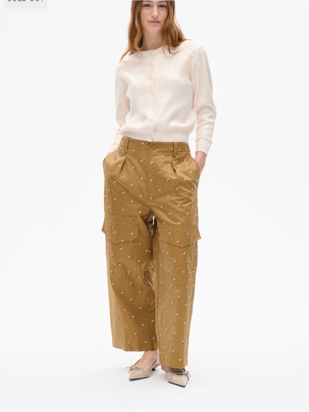 Baum und Pferdgarten Embroidered Wide-Leg Cargo Pants in tan with Pink Accents